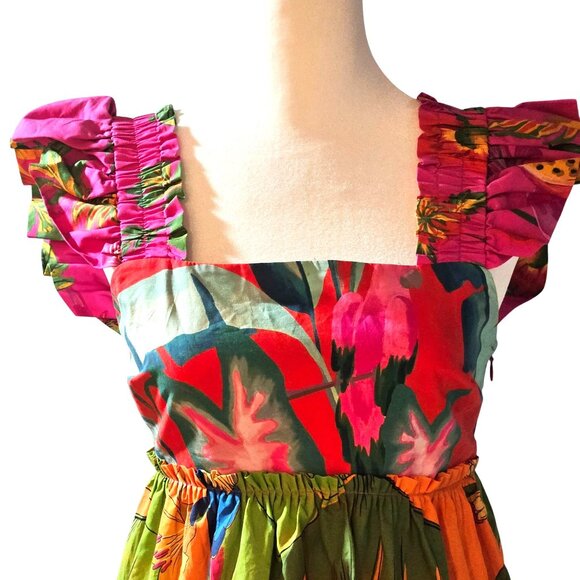 Farm Rio Foliage Cotton Tiered Minidress Ruffled Straps Vibrant Floral Print XS - Picture 12 of 16